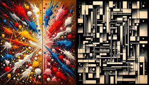 Composition contrastant Action Painting gestuel chaotique et abstraction géométrique rationnelle, années 1950