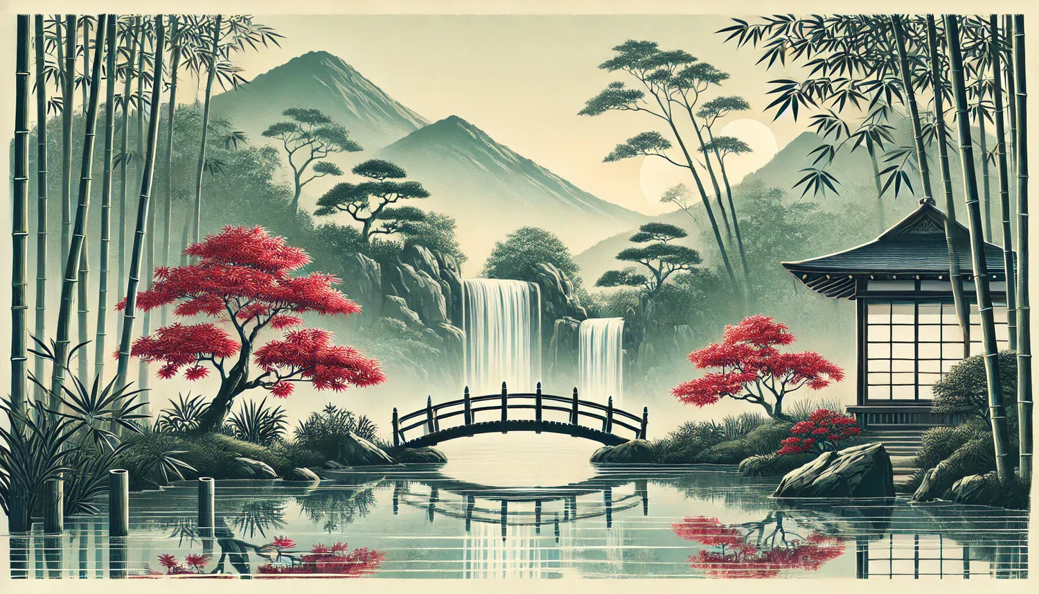 Tableau paysage zen représentant un jardin japonais avec une cascade paisible, entouré de bambous et d’érables rouges, créant une atmosphère zen propice à la relaxation et à l’évasion.