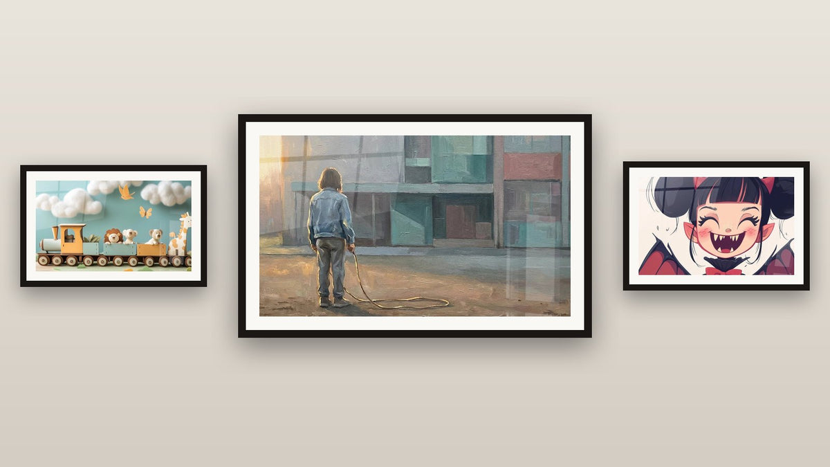 Galerijwand met drie ingelijste schilderijen: Kind Touwspringen, Treintafel nr. 2 en Vampierposter nr. 1