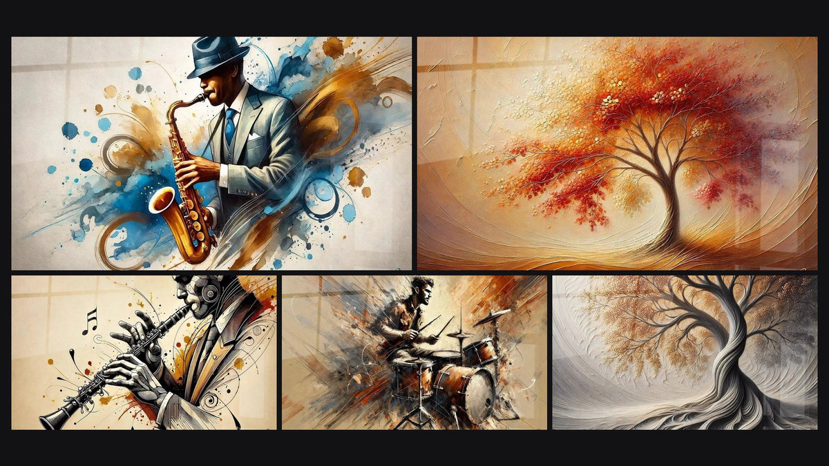Mosaico di cinque quadri, tra cui Clarinetto N°1, Batteria N°2 e Respiro della Terra