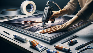 Application professionnelle d'adhésif structurel sur panneau dibond pour contrecollage de tableau, atelier d'encadrement