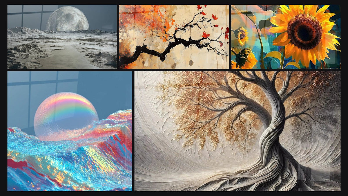 Mosaico di cinque quadri, tra cui Paesaggio Lunare Futurista, Luna Iridescente Vagues e Girasole N°1