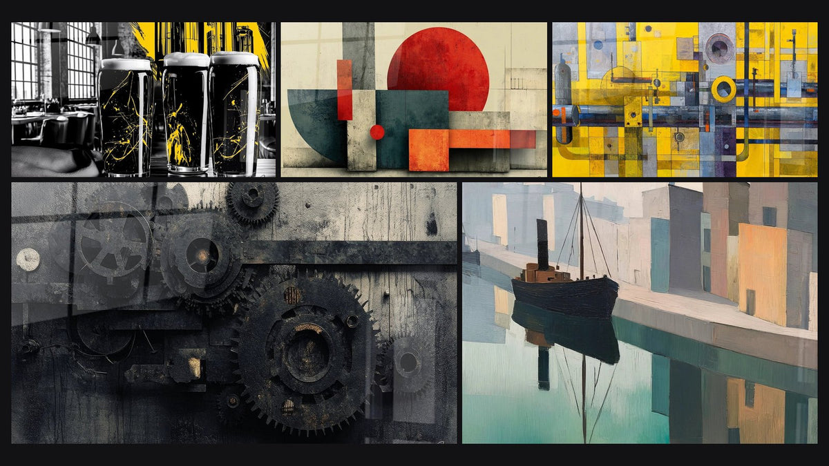 Mosaïque de cinq tableaux, dont Mécanismes industriels, Port industriel et Géométrie Soleil Industriel