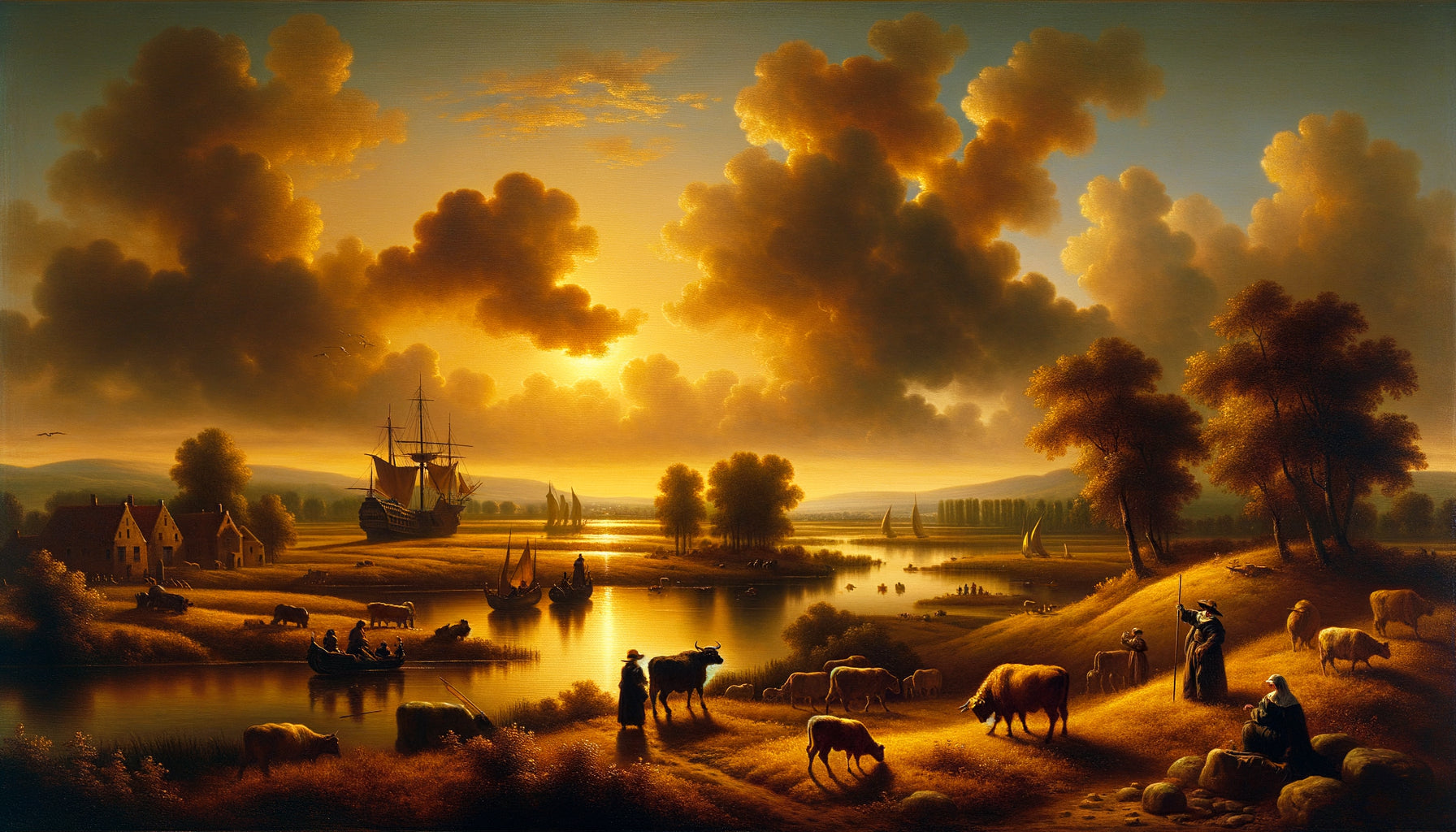 Paysage pastoral hollandais du 17ème siècle dans le style d'Aelbert Cuyp, baigné de lumière dorée d'après-midi