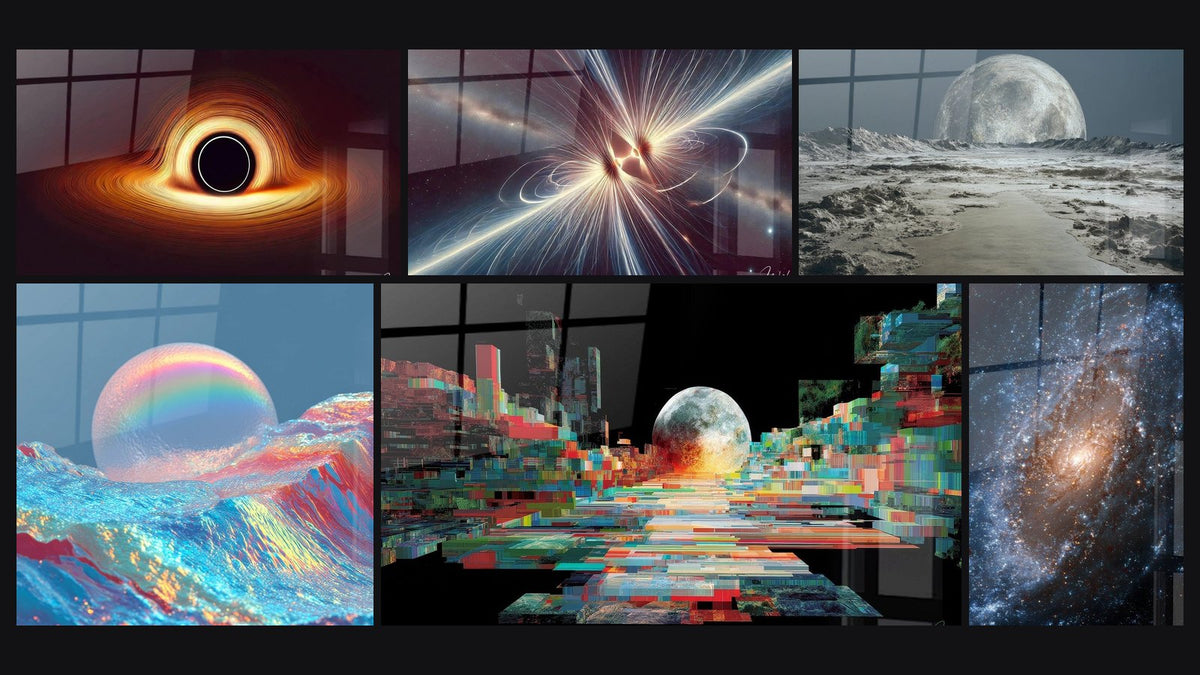 Mosaico de seis cuadros, entre ellos Forja del Universo, Conexión Cósmica y Paisaje Lunar Futurista