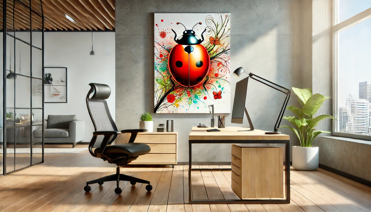 Tableau coccinelle dynamique dans un bureau moderne, symbolisant la créativité et l’énergie, avec un mobilier minimaliste et une ambiance lumineuse.