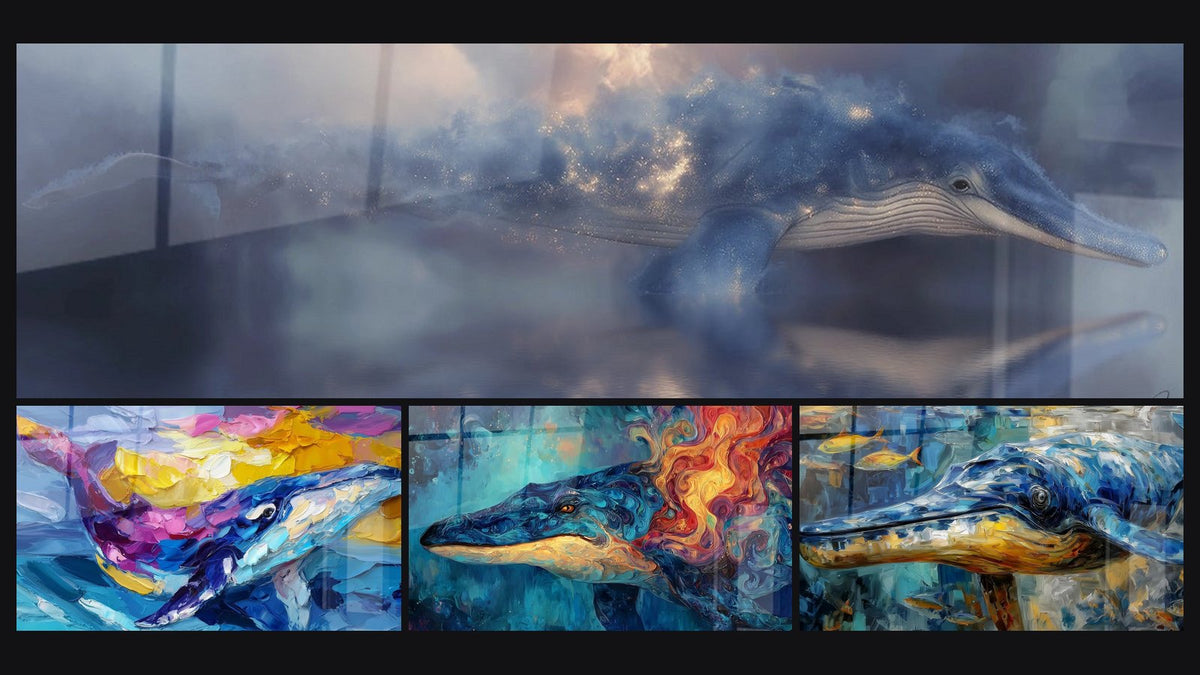 Mosaïque de quatre tableaux, dont Baleine Majestueuse, Baleine Colorée et Baleine Abstraite