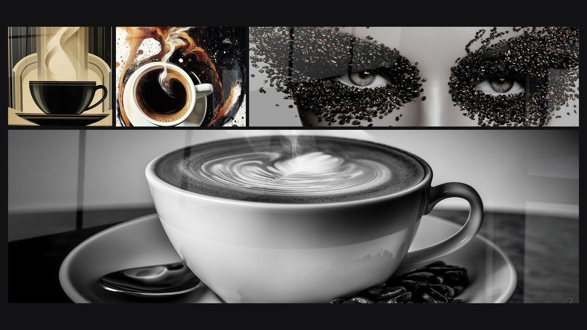 Mosaico di quattro quadri, tra cui Tazza di Caffè, Caffè N°2 e Volto grigio e chicchi di caffè