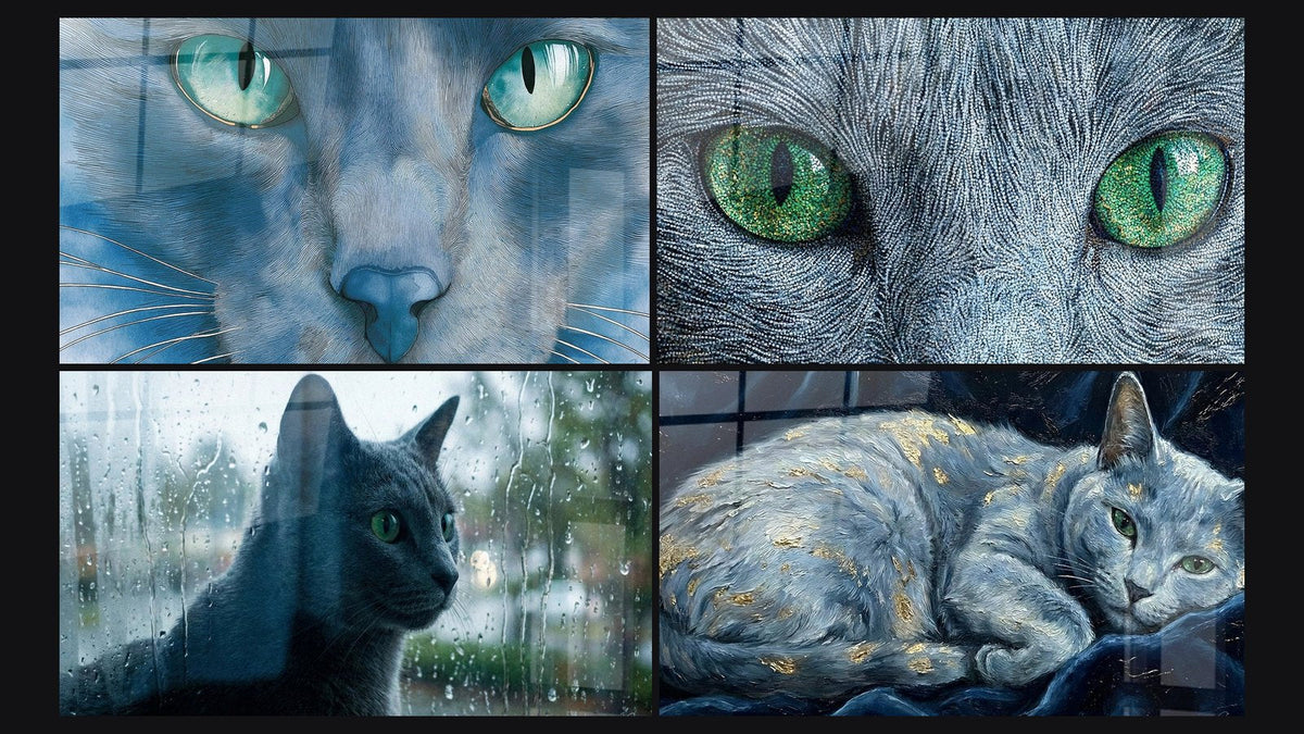 Mosaïque de quatre tableaux, dont Chat Bleu aux Yeux Turquoise, Yeux de Chat Russian Blue et Chat Russian Blue à la Fenêtre