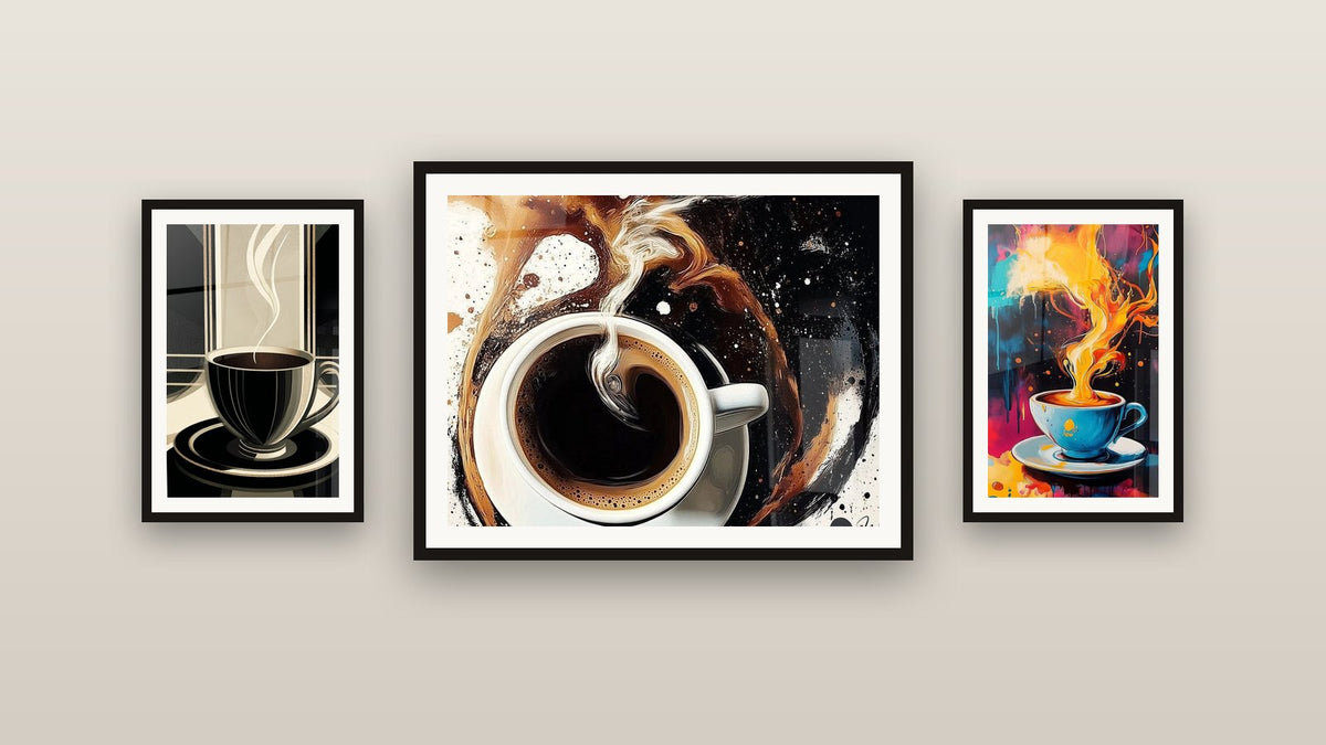 Gallery wall with three framed paintings, including Coffee Artwork No. 1 and Coffee Cup
