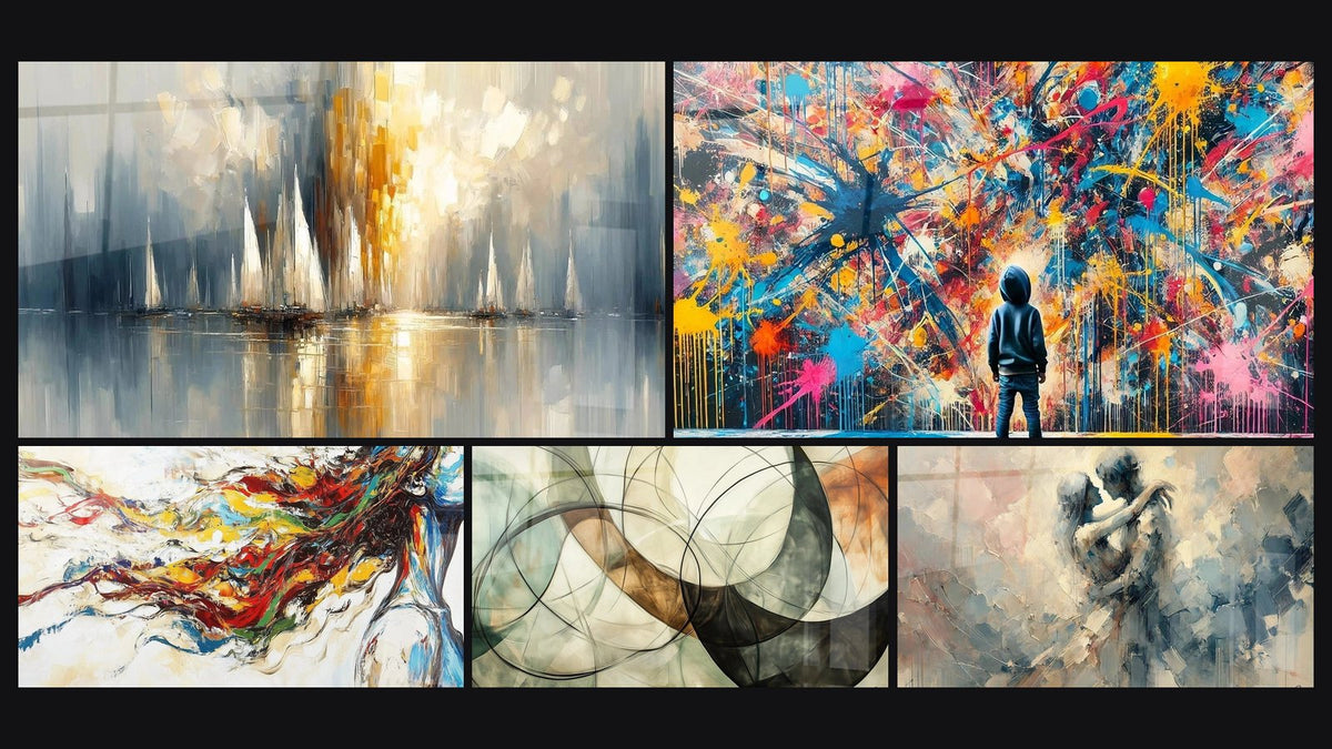 Mosaico di cinque quadri, tra cui Alba sulla Baia, Muse Moderna e I Legami Invisibili