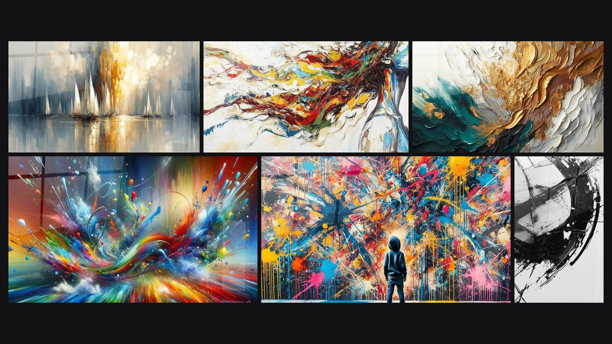 Mosaïque de six tableaux, dont Aurore sur la Baie, Big Bang Artistique Éclatant et Muse Moderne