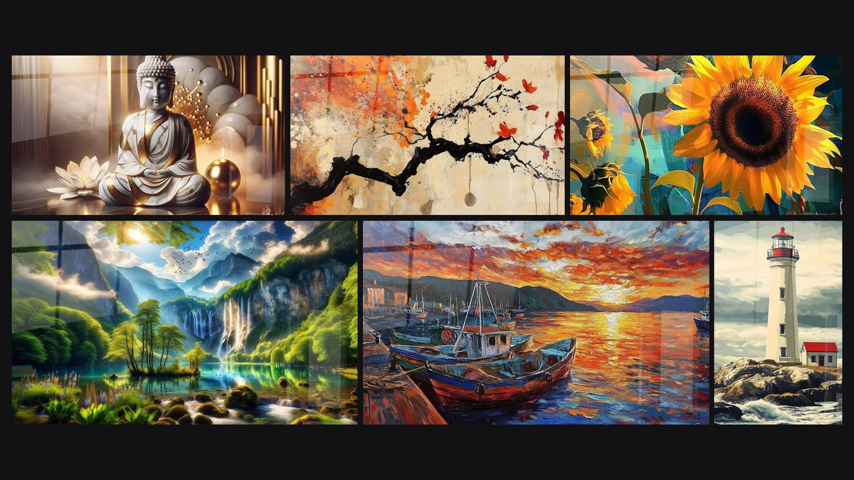 Mosaic of six paintings, including Marbled Peace, Green Eden Waterfall and Harbor Wall Art No. 3