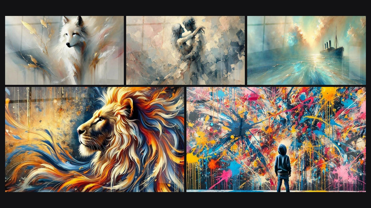 Mosaico de cinco cuadros, entre ellos Sabiduría Blanca, Llama Salvaje y Explosiones