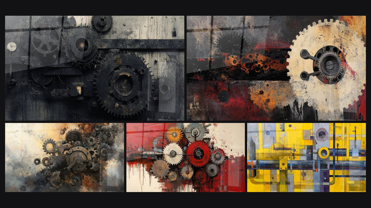 Mosaïque de cinq tableaux, dont Mécanismes industriels, Mécanismes rouillés et Engrenages mécaniques