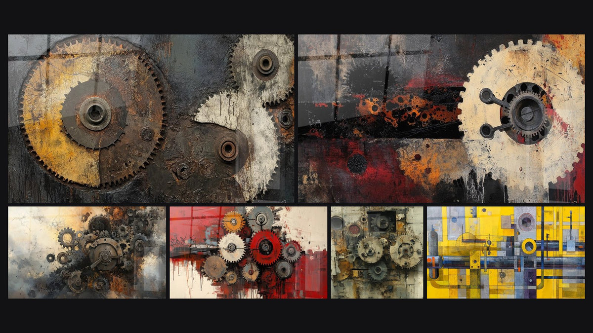 Mosaïque de six tableaux, dont Engrenages industriels vintage, Mécanismes rouillés et Engrenages mécaniques