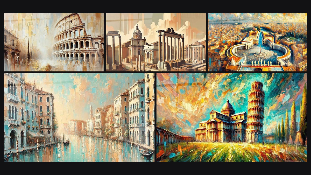 Mosaico de cinco cuadros, entre ellos Coliseo N°1, Venecia N°1 y Torre de Pisa N°1