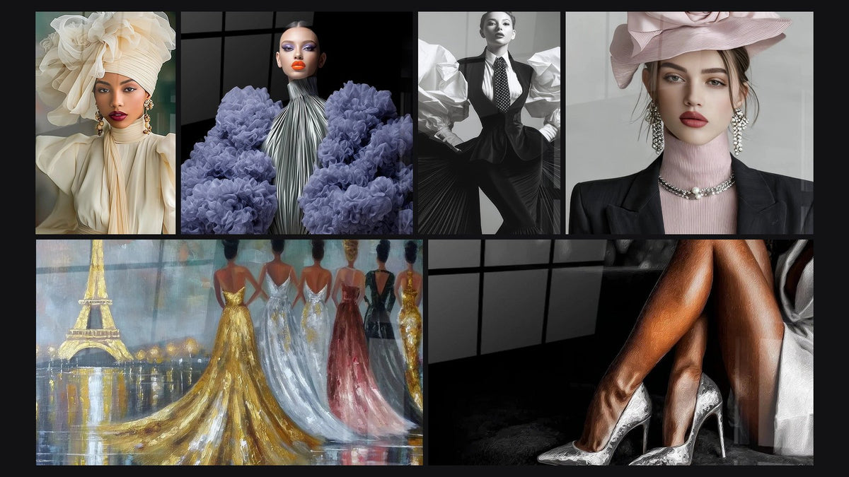 Mosaïque de six tableaux, dont Mode, Mode Futuriste et Mode Parisienne