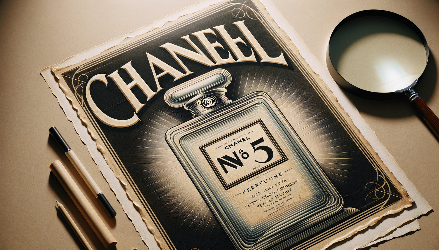 Affiche publicitaire Chanel N°5 vintage années 1950 en gros plan montrant texture papier et typographie Art Déco authentique