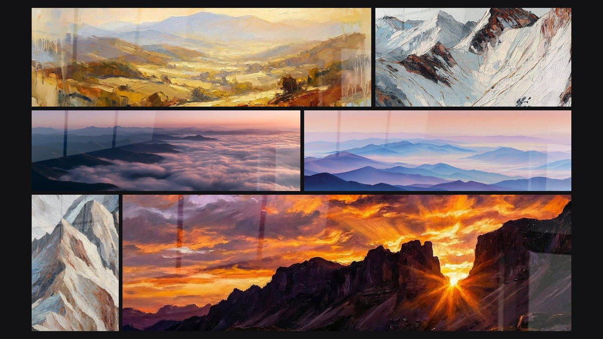 Mosaik aus sechs Gemälden, darunter Berglandschaft, Berg Pyrenäen und Berglandschaft Pyrenäen