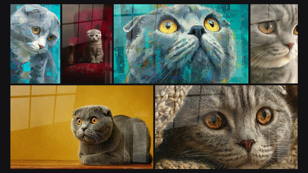 Mosaik aus sechs Gemälden, darunter Kunstvolle Scottish-Fold-Katze und Scottish Fold Katze Goldenaugen