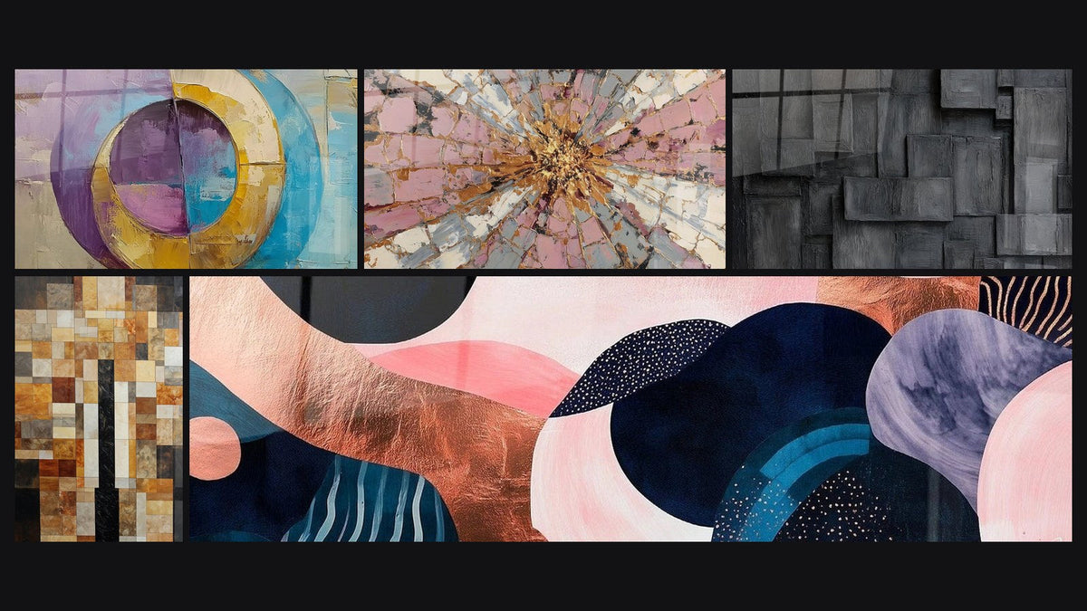Mosaik aus fünf Gemälden, darunter Konzentrische farbige Kreise und Rosa-Gold-Explosion mit Strahlzentrum