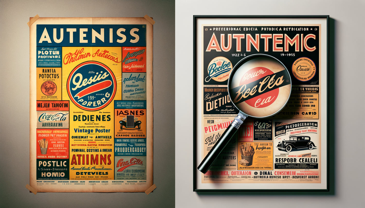 Comparaison visuelle entre affiche publicitaire vintage originale patinée et reproduction sérigraphique moderne parfaite, détails de texture et d'authenticité