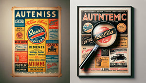 Comparaison visuelle entre affiche publicitaire vintage originale patinée et reproduction sérigraphique moderne parfaite, détails de texture et d'authenticité