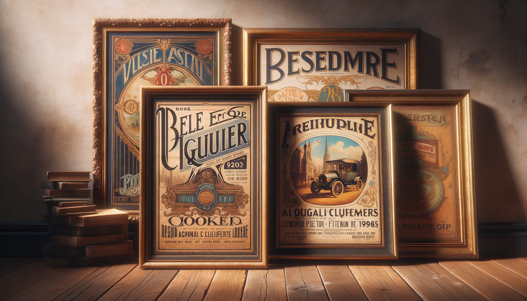 Collection d'affiches publicitaires vintage encadrées des années 1920-1960, styles Art Déco et rétro, patine authentique d'époque