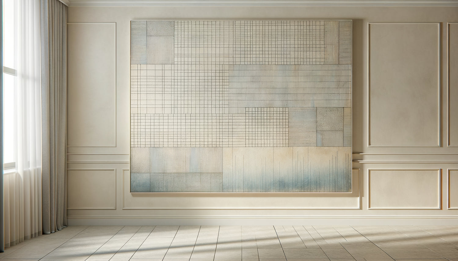 Installation murale thérapeutique inspirée du style minimaliste contemplatif d'Agnes Martin avec lignes délicates et grilles subtiles dans un centre de santé mentale