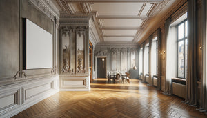 Intérieur d'appartement Airbnb dans bâtiment historique avec œuvre d'art contemporain et moulures anciennes