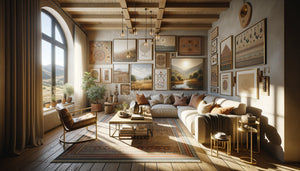 Salon Airbnb chaleureux décoré avec œuvres d'art local contemporain créant une expérience culturelle authentique