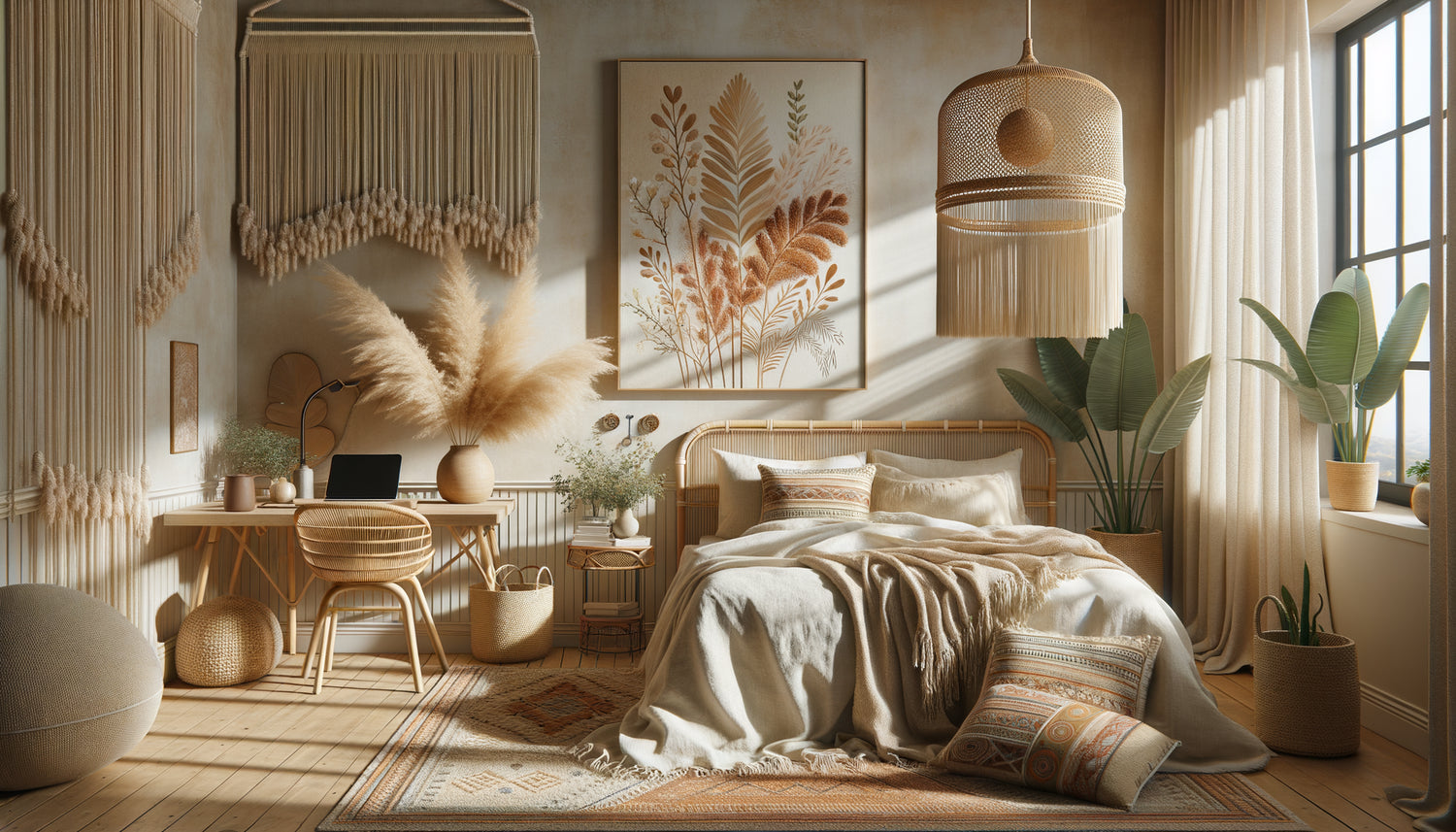Chambre Airbnb bohème chic avec tableaux botaniques abstraits et espace de travail nomade digital