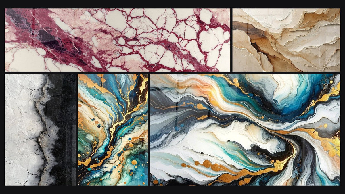 Mosaico de cinco cuadros, entre ellos Vetas púrpuras y crema sobre fondo crú, Abstracto Beige y Tierra y Laberinto Mineral
