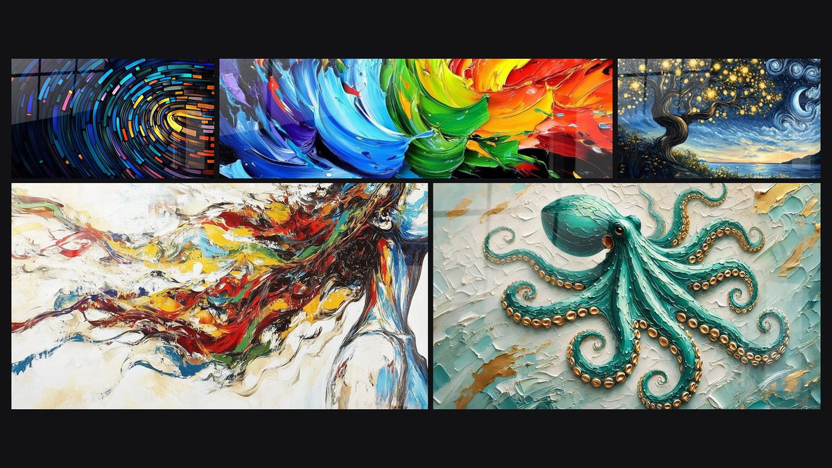 Mosaico de cinco cuadros, entre ellos Túnel colorido digital, Explosión de colores y Musa Moderna
