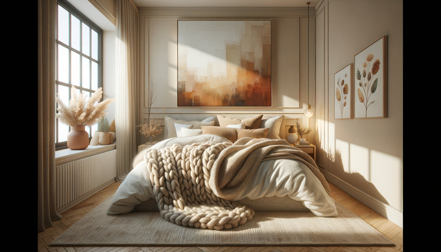 Chambre Airbnb cocooning avec tableaux décoratifs aux tons chauds créant une ambiance refuge douillet