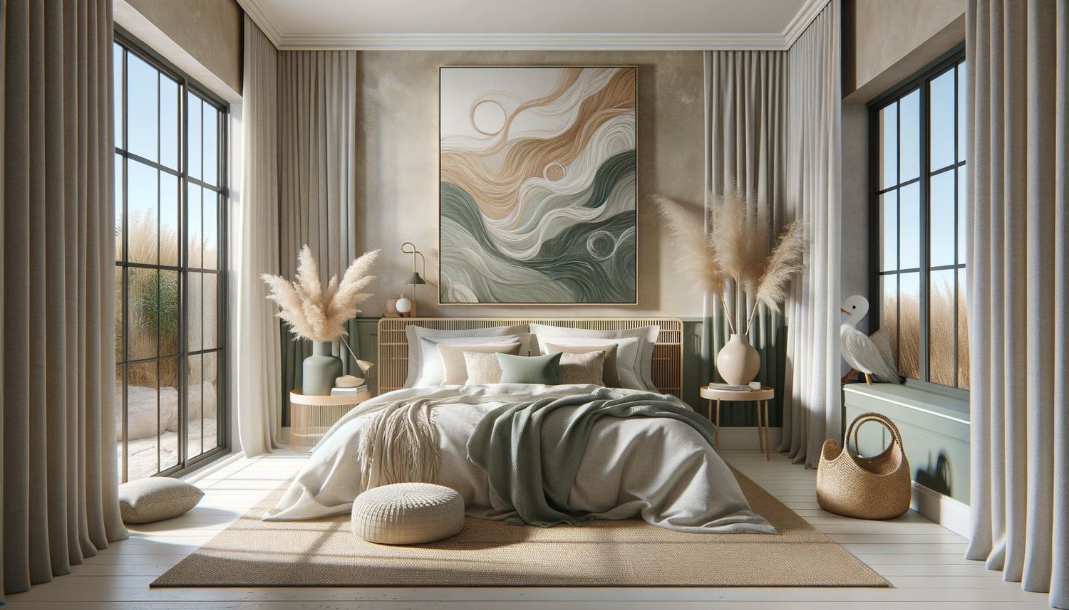 Chambre Airbnb côtière élégante avec tableau abstrait aux tons naturels, décoration raffinée sans clichés maritimes