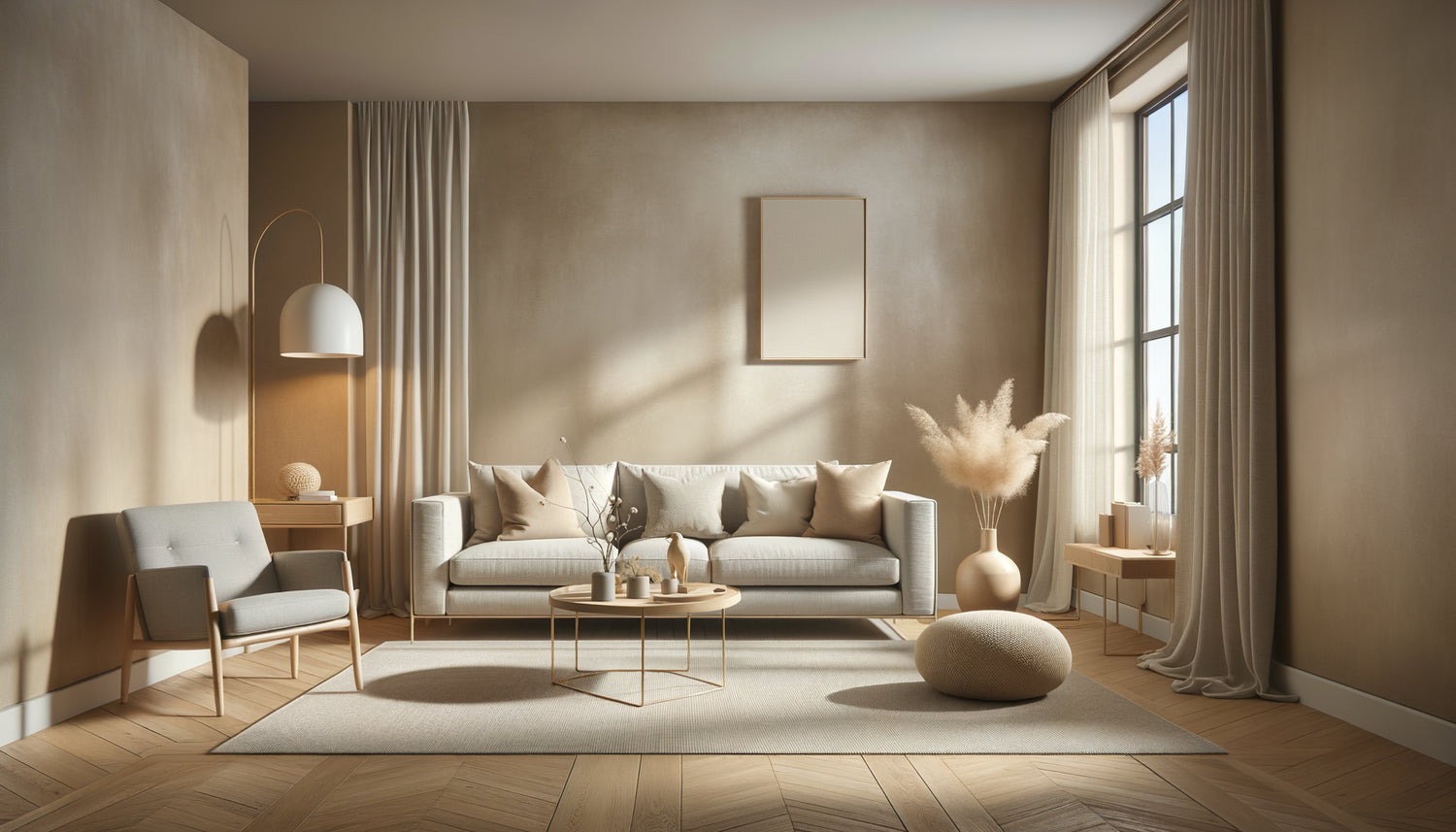 Salon Airbnb moderne avec murs greige, décoration neutre beige et gris, design minimaliste accueillant