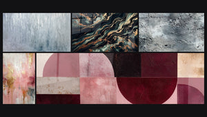 Mozaïek van vijf schilderijen, waaronder Goudstroomtabel en Abstract zilverkleurig grijs textuur