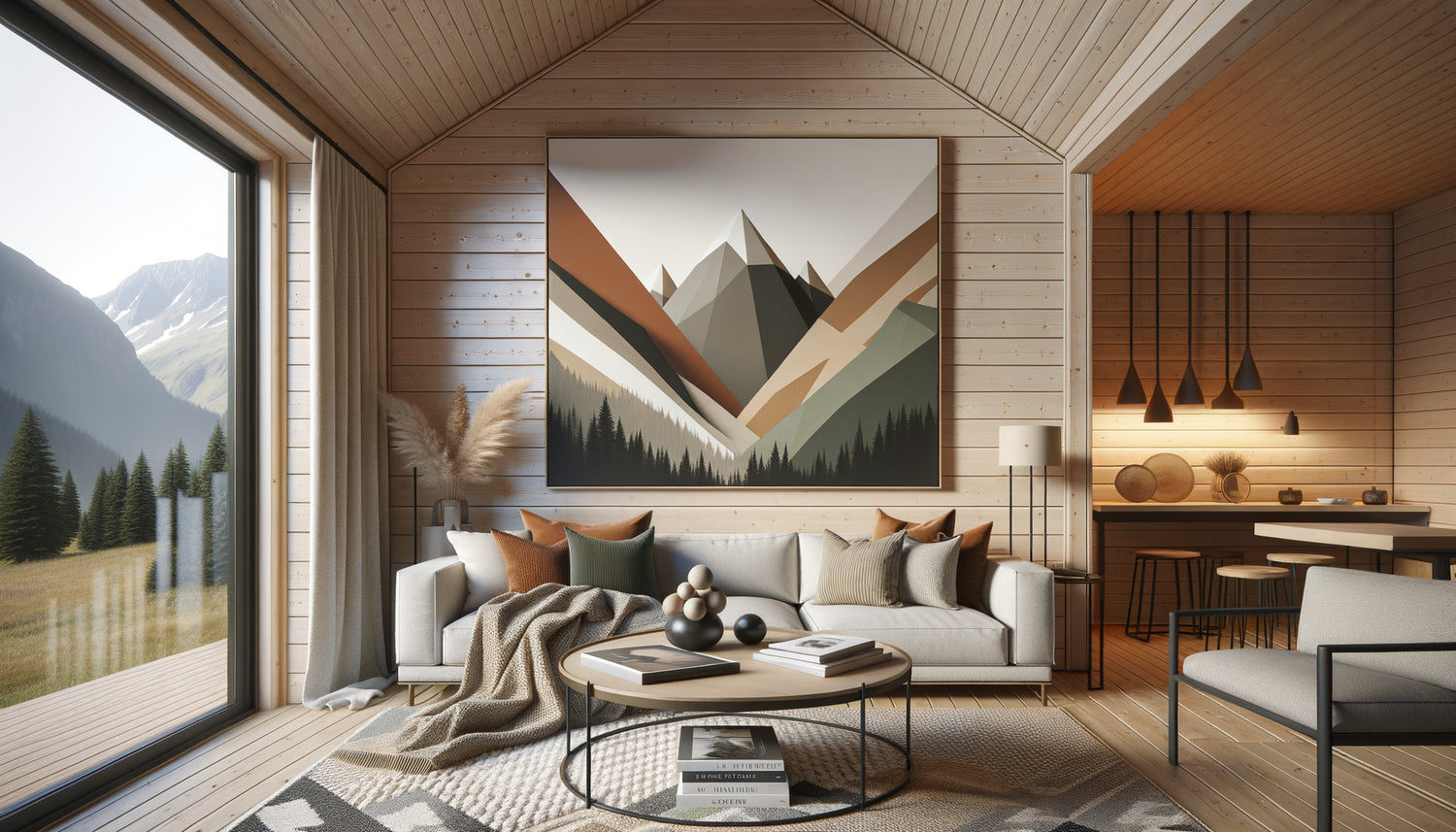 Intérieur Airbnb montagne moderne avec tableau abstrait géométrique aux tons naturels, dépassant les clichés du chalet savoyard traditionnel