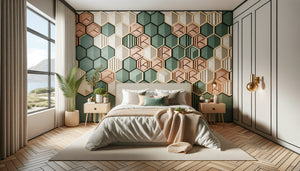 Chambre Airbnb moderne avec mur géométrique hexagonal vert sauge et motifs chevrons terracotta, décoration contemporaine photogénique