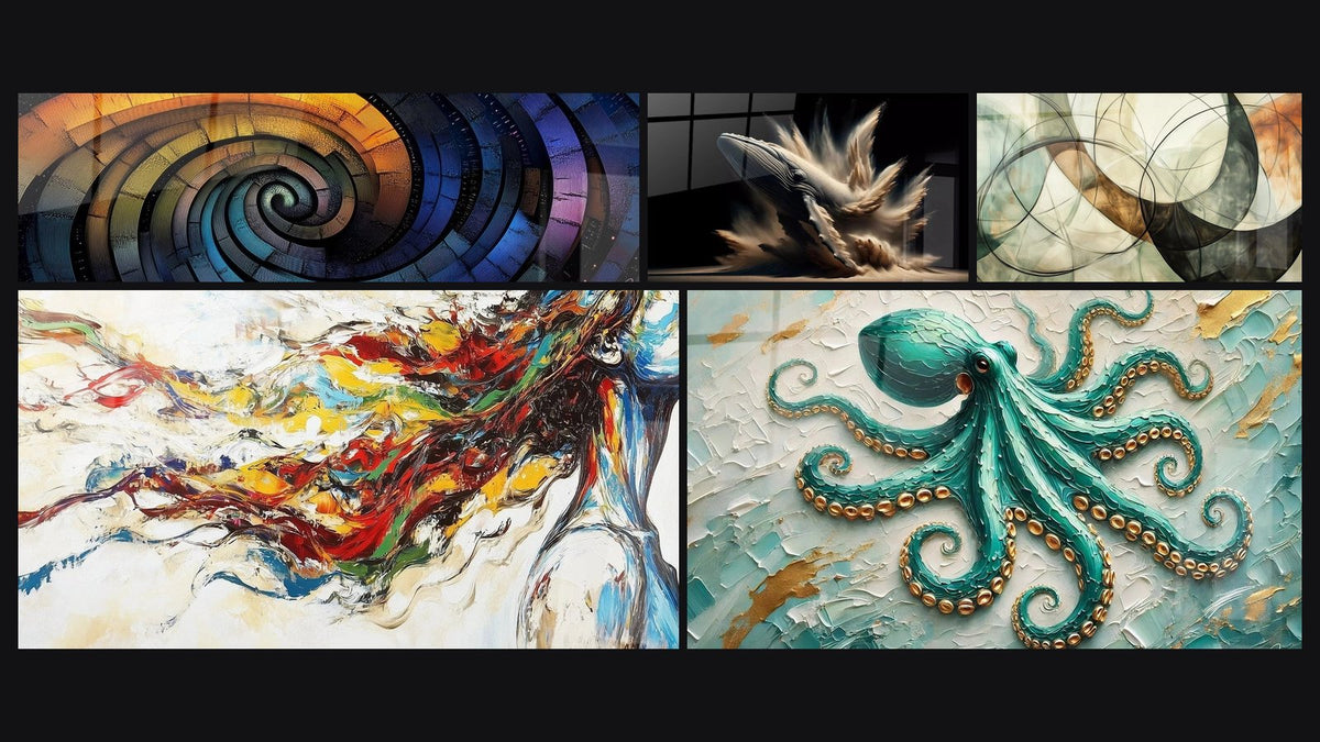 Mosaico de cinco cuadros, entre ellos Espiral colorido cósmico, La ballena de Elise y Musa Moderna