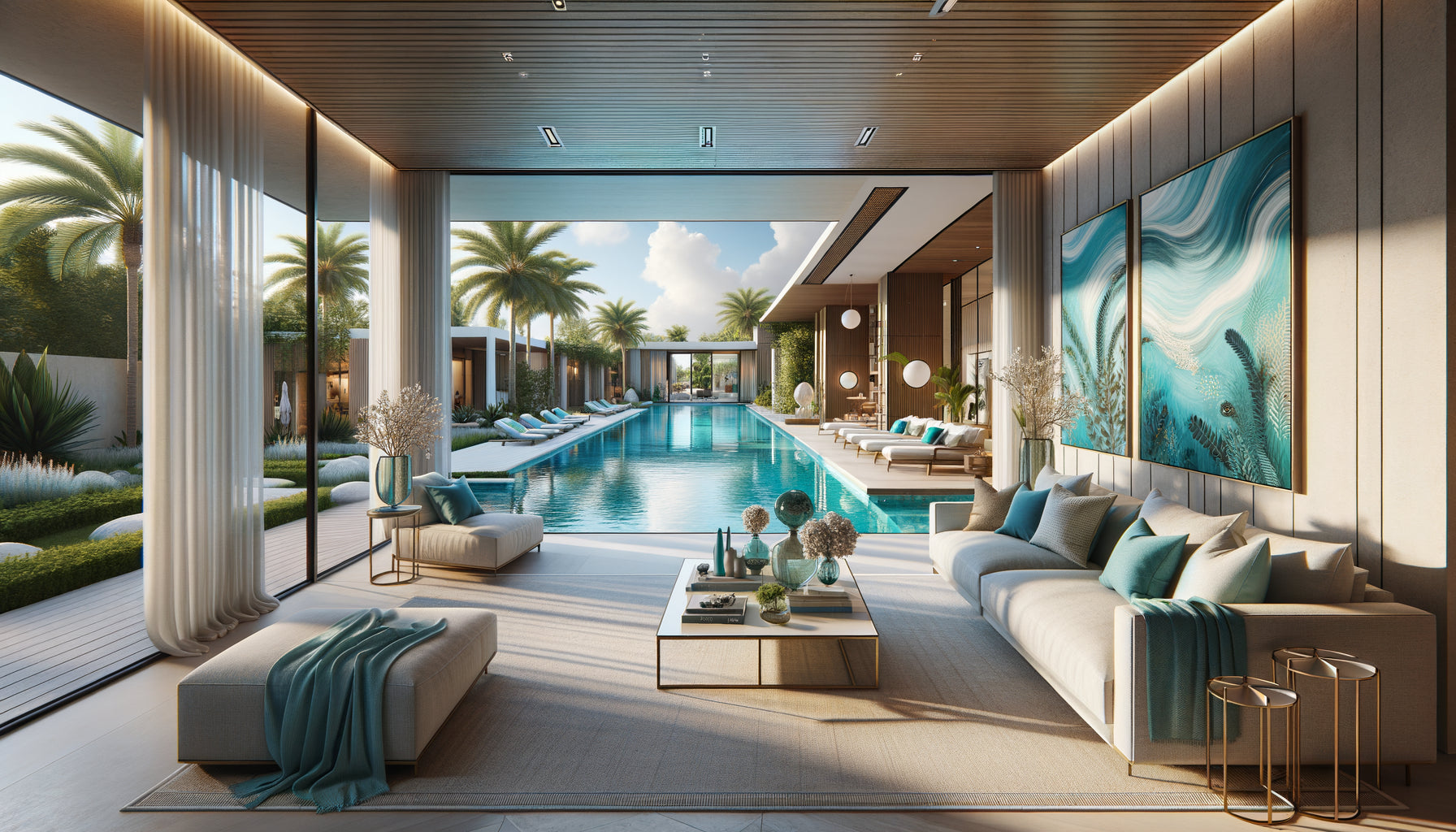 Intérieur d'Airbnb contemporain avec tableau aux tons turquoise créant continuité visuelle avec piscine extérieure visible