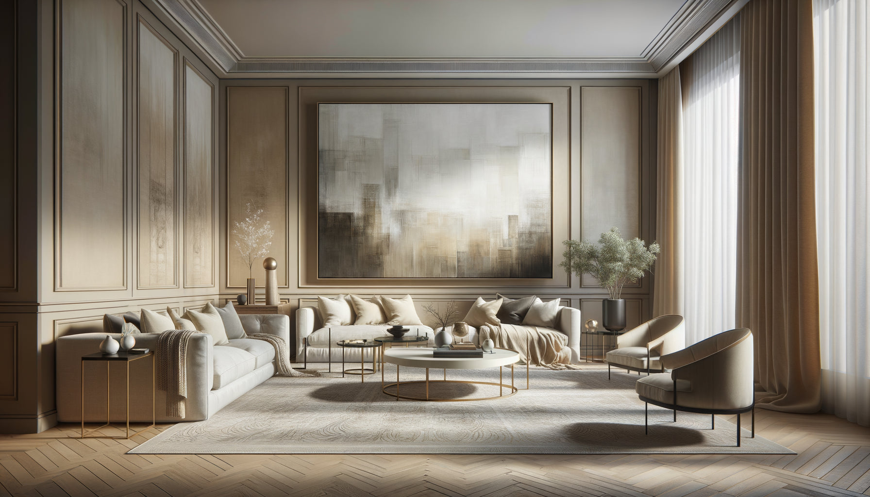 Intérieur Airbnb sophistiqué avec tableau abstrait ton sur ton beige créant une ambiance luxueuse minimaliste