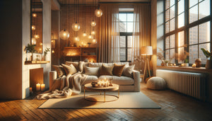 Intérieur cosy d'Airbnb urbain avec éclairage doux multicouche, plaids chaleureux et décoration apaisante style hygge contemporain