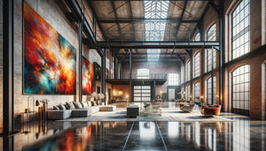 Intérieur d'Airbnb premium dans usine réhabilitée avec œuvre d'art contemporaine sur mur de briques exposées et poutres métalliques apparentes