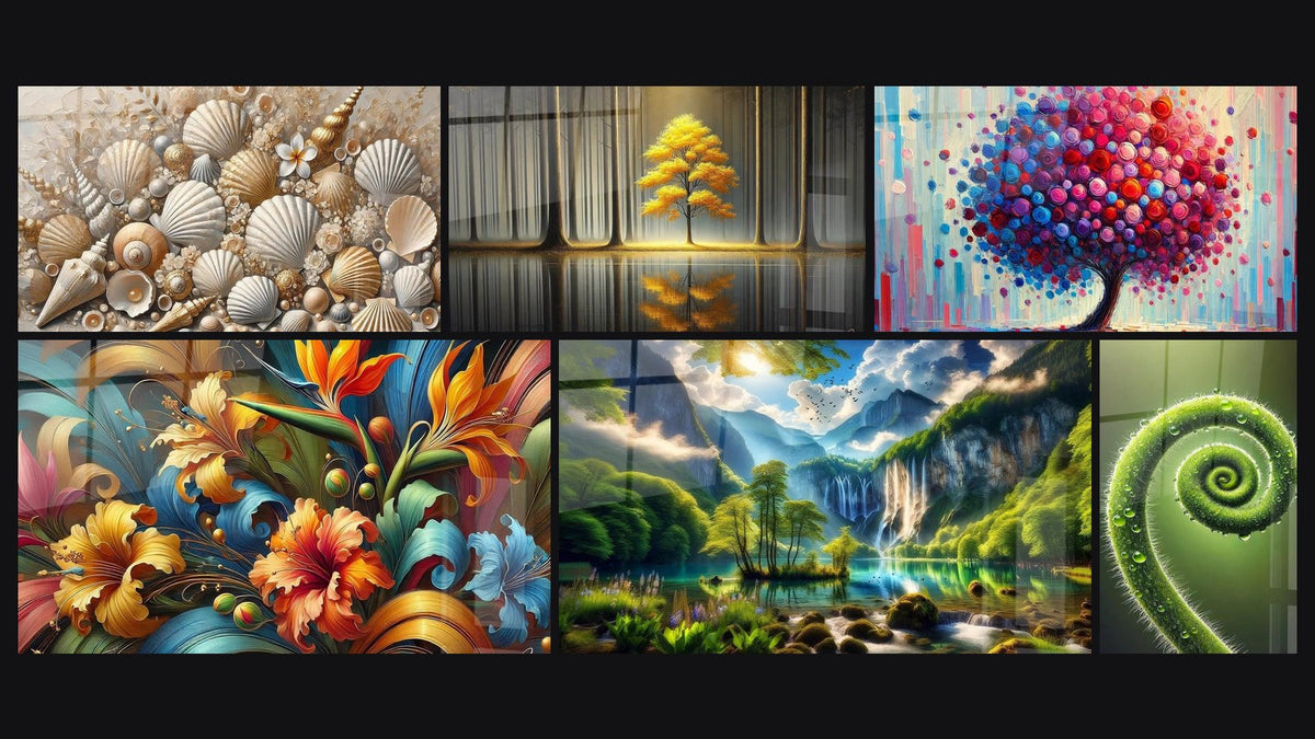 Mosaico di sei quadri, tra cui Gioielli della Sabbia, Tranquillità Eterna e Albero di Gioia