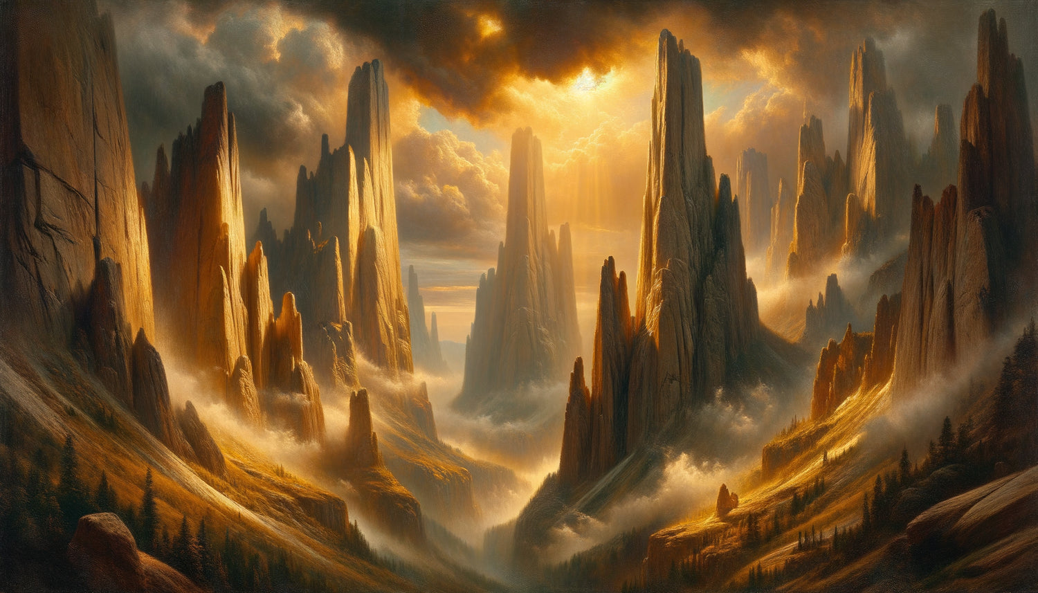 Peinture style Albert Bierstadt montrant formations rocheuses aux dimensions exagérées avec verticalité dramatique et effet sublime