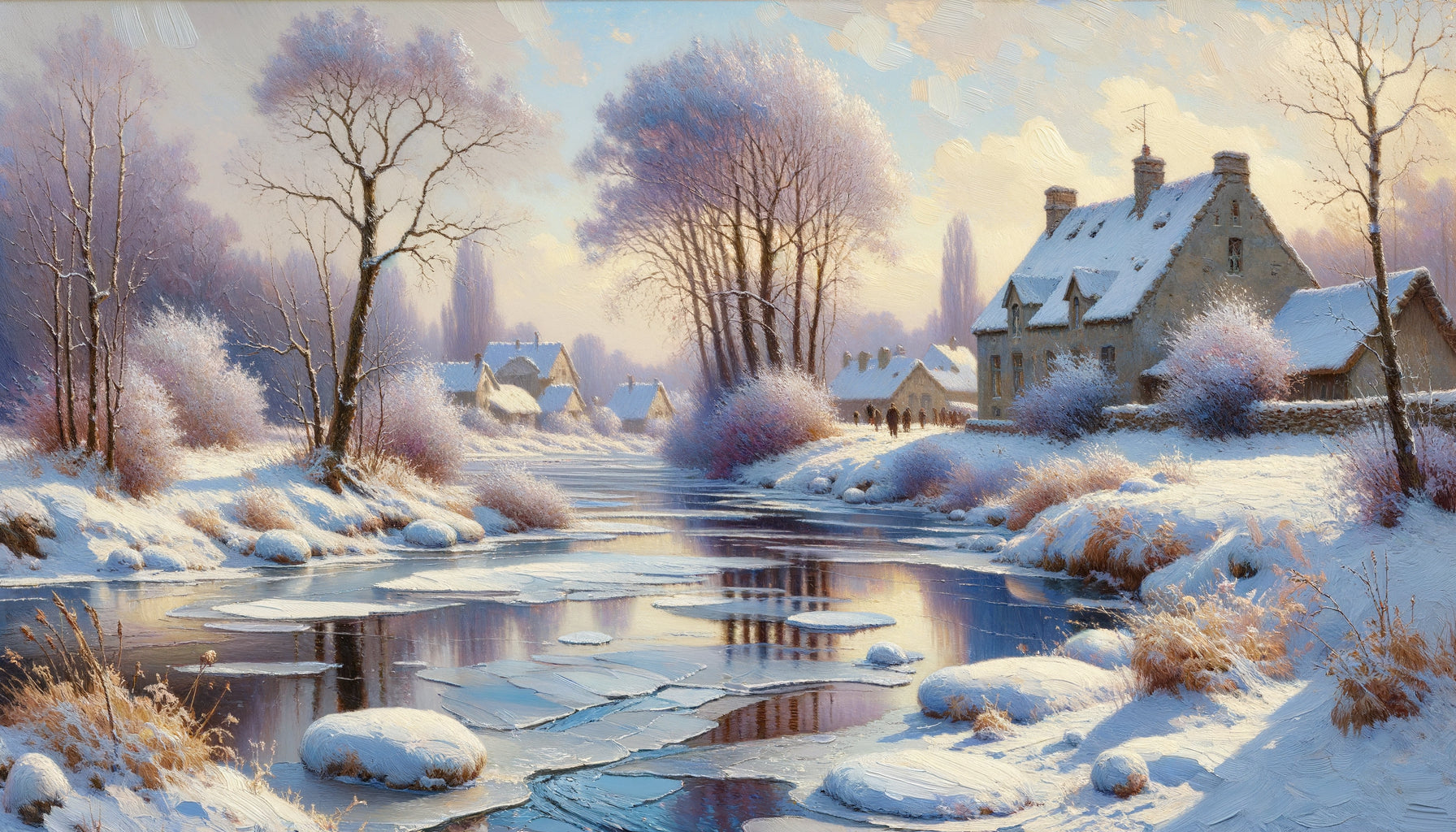 Paysage impressionniste style Alfred Sisley montrant effets de lumière hivernale sur neige et eau avec touches délicates caractéristiques