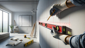 Installation professionnelle de panneaux muraux avec niveau laser rouge vérifiant l'alignement parfait sur mur blanc contemporain
